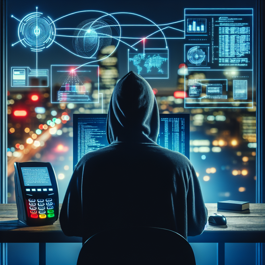 "Illustration of a hacker exploiting vulnerabilities in a Point-of-Sale system, depicting a computer screen with code, a payment terminal, and indicators of a cyber attack to emphasize security risks."