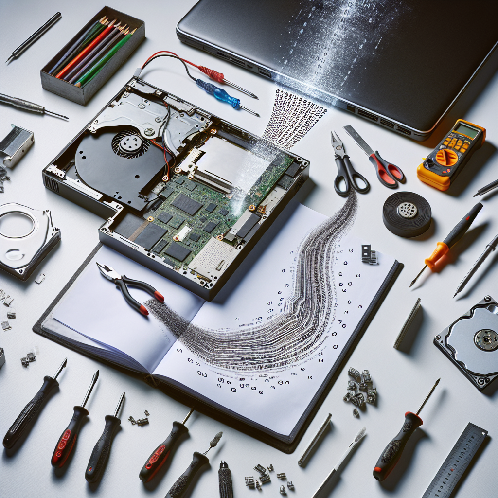 "Technician using specialized tools to recover data from a laptop with a damaged motherboard, showcasing the repair process and equipment involved in data recovery."